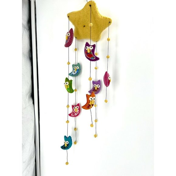 Global Groove Handmade & Fair Trade Wool Felt Owl Crib Baby Nursery Mobile Nepal - Picture 1 of 5